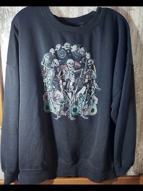 Mighty Fine Black Crewneck Sweatshirt Dancing Skeletons Floral Graphic Hot Topic